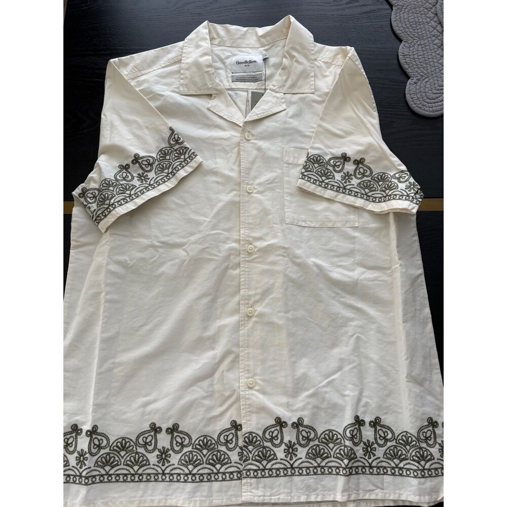 Goodfellow & Co Cream Green Button Up Shirt NWT Cotton Short Sleeve Pocket Med - Picture 4 of 8